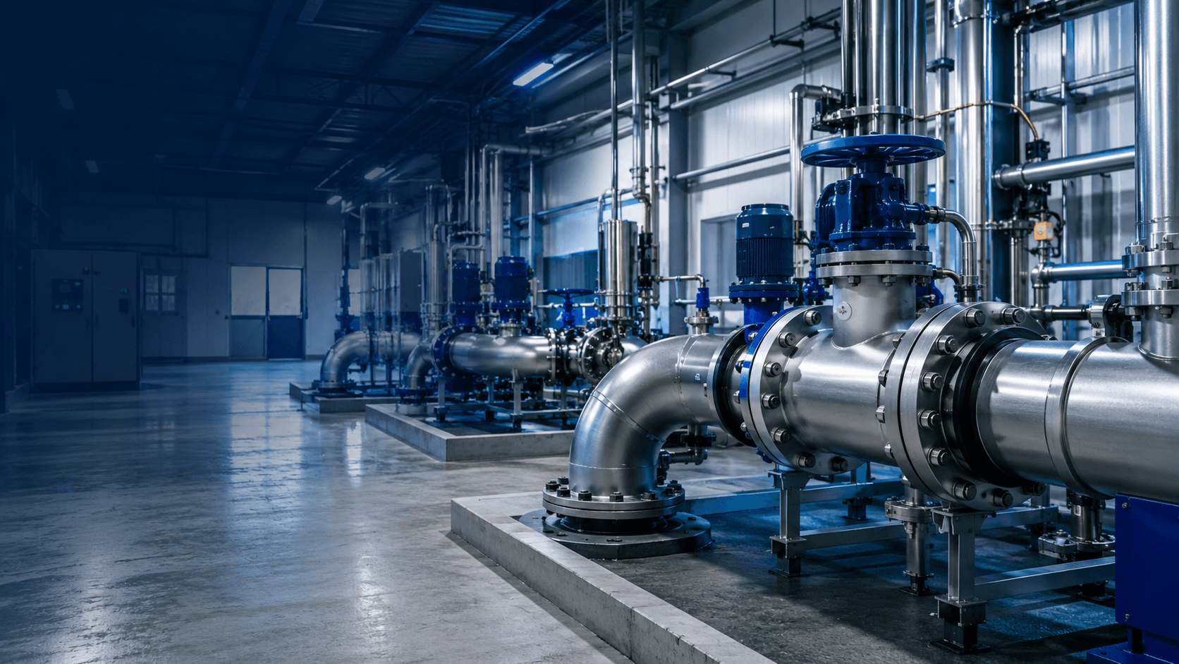 Industrielle vandrør i et pumpehus