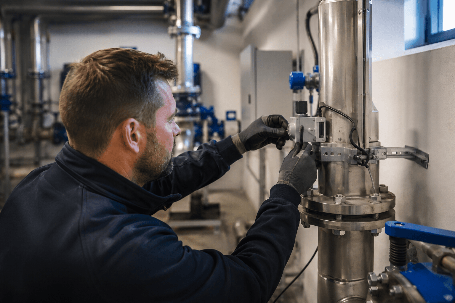 Tekniker udfører installation i industrielt miljø